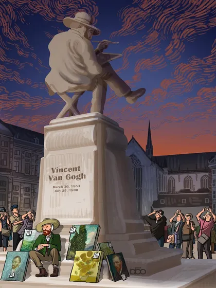 The artist sits selling his paintings at the foot of his own massive, celebrated statue. While tourists gaze up at the monument, they ignore the living creator, a poignant statement on how society often celebrates art while neglecting the artist.