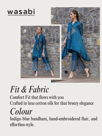 Step into the season with our Spring Swing Co-ord Set. I blended the heritage of indigo blue bandhani with modern tailoring in this piece. The flared, hand-embroidered shirt and easy-fit stripe pants are crafted in luxe cotton silk for movement and elegance.