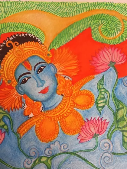 This piece is my take on the Kerala mural style, depicting Lord Krishna among lotus flowers. I used the characteristic colors and flowing lines of this art form to create a serene and devotional scene, perfect for a peaceful corner of your home.