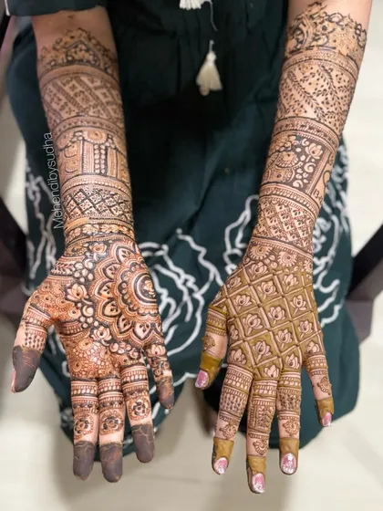 A detailed shot of Shreya's palms, showing the contrast between the mandala on one hand and the grid pattern on the other.
