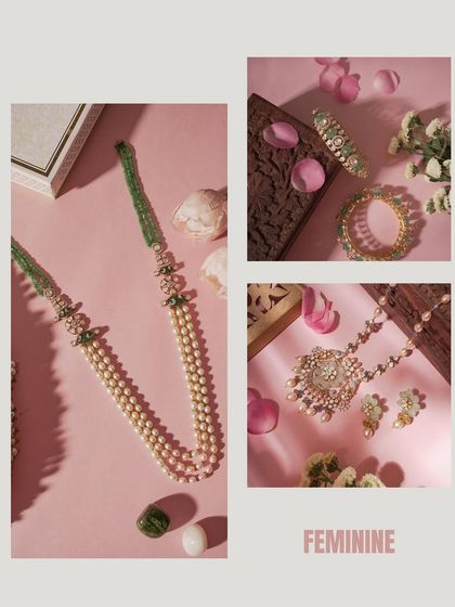 This 'Feminine' themed jewelry collage uses soft pinks, delicate fabrics, and flower petals to create a gentle and romantic mood, perfectly complementing the pearl and diamond pieces.