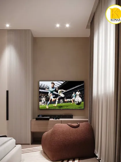The TV unit in the teen's room is simple and functional, perfect for entertainment without cluttering the space.