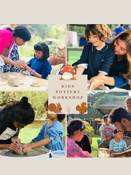 A collage from our Kids Pottery Workshop, showing children happily engaged in learning from our instructors.