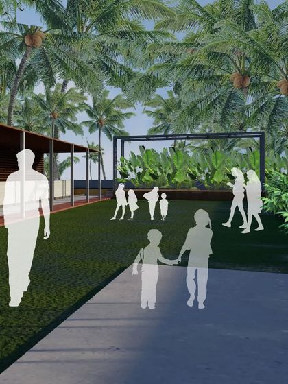 The main event area is a large, open lawn, providing ample space for guests. A shaded structure is provided for food service or stalls, and the entire space is designed to be flexible for different types of gatherings.