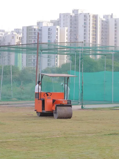 We take pitch preparation seriously. Here is our pitch roller, which we use regularly to maintain a hard, true surface for competitive cricket matches.