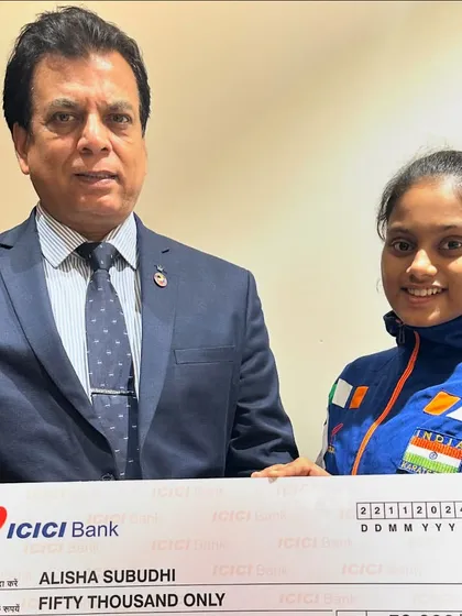 Presenting a cheque of Rs. 50,000 to Ms. Alisha Subuddhi for her bronze medal at the Asian Karate Championships. We recognize and reward the hard work of our athletes.