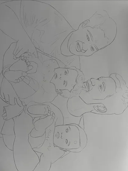 The very first step: the initial pencil outline for the family portrait. This is the foundation upon which all the shading and details are carefully added.