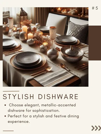 Stylish dishware completes the look. This festive table setting uses elegant, metallic-accented plates and cutlery to add a touch of sophistication to the dining experience.