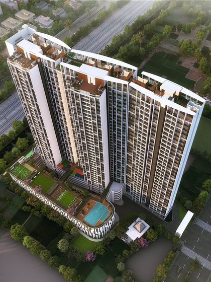 An aerial view of the Skyline residential project in Bhayander. The building's form is articulated with vertical fins and horizontal bands to create a modern, artistic facade.