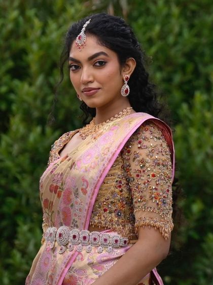 Additional views showcasing the variety and detail of my heirloom bridal sarees. Each image captures a different angle, moment, or detail, from full portraits to close ups of the fabric and embroidery, illustrating the complete story of each bride's custom creation.