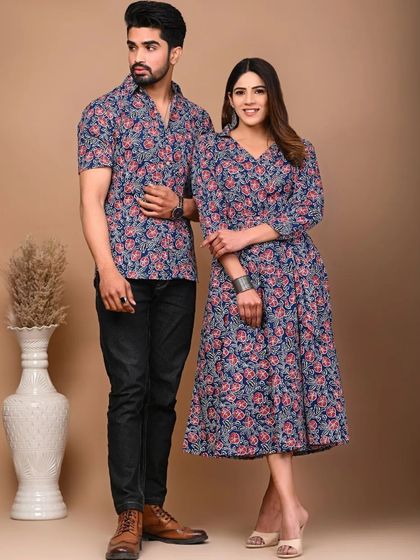 A lovely blue floral printed couple set, ideal for daytime events or a stylish vacation look.
