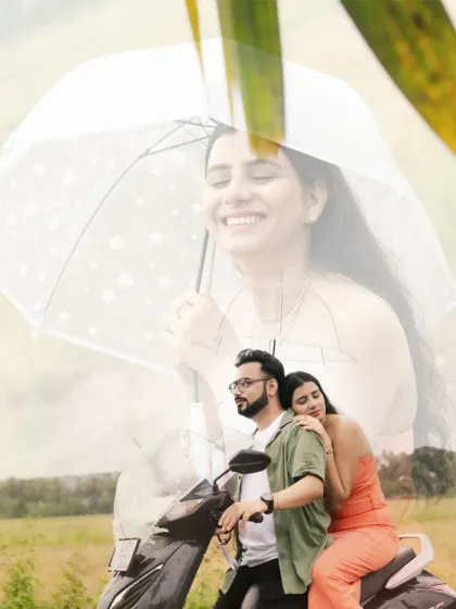 A romantic collage with a scooter and an umbrella, perfect for capturing the monsoon romance vibe in Goa.