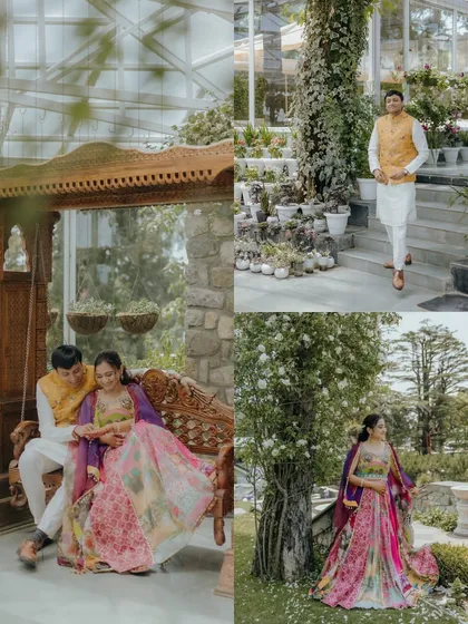 A collection of moments from the Mussoorie Mehendi, showing the couple enjoying the beautiful garden setting. The images highlight the colorful outfits and the relaxed, happy vibe of the event.