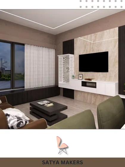 A 3D render of a living room with a built-in mandir next to the TV unit.