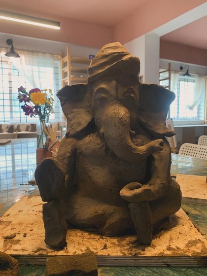 A work-in-progress Ganesha sculpture from Day 1 of our workshop. The form is already powerful.