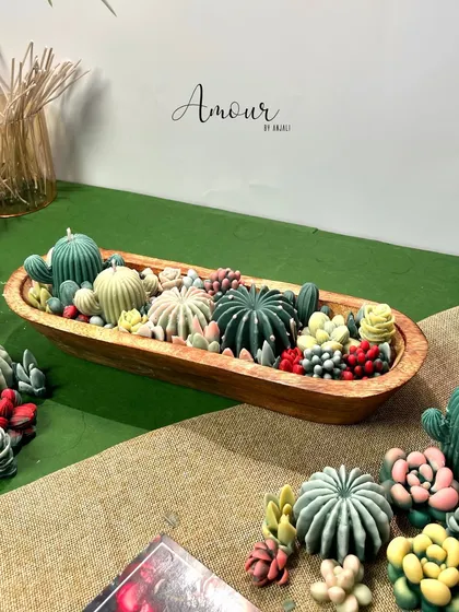 Can't keep planting compliments? This is my bestseller, the Succulent Obsession candle. This image shows the full, lush look of the candle in its wooden boat.