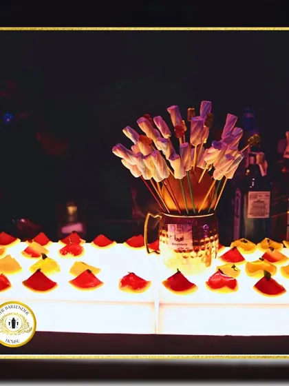 A playful and sweet garnish idea. We use skewers of marshmallows and colorful jellies to add a fun, edible decoration to our drinks.