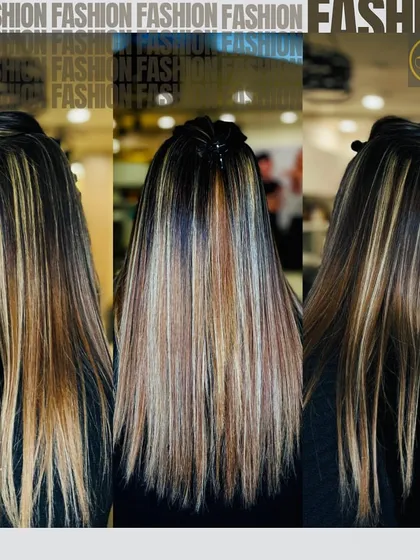 A collage showcasing a client's hair with a mix of blonde and brown highlights. The "fashion" text overlay emphasizes the trendy nature of the look.
