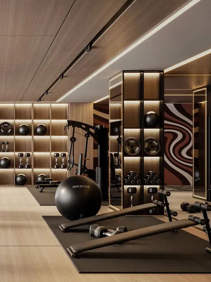 A stylish gym visualization with a bold, retro-inspired mural. The render showcases the organized layout of free weights and equipment.