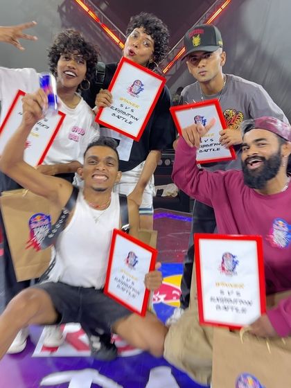 The full crew posing with their winner certificates at the Red Bull event. A huge moment for South Indian street dance.