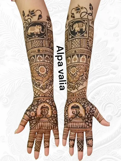 This full-arm design showcases negative space with bold elephant motifs inside dark blocks. This technique makes the central elements pop.