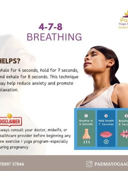 The 4-7-8 breathing technique is a simple practice to reduce anxiety and promote relaxation. You simply inhale for 4 seconds, hold for 7, and exhale for 8. I guide clients through this to help them find calm anytime, anywhere.
