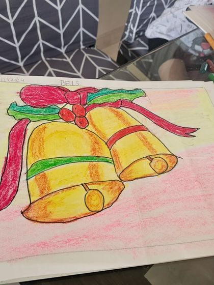 Another beautiful drawing of Christmas bells, this time with a soft, blended background created with oil pastels.