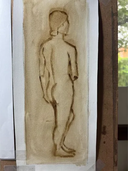 The initial drawing on the linen canvas for the oil figure study. This is the first step, ensuring the proportions and gesture are correct before I begin painting.