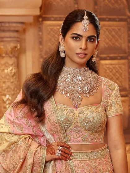 A close-up portrait showcasing the delicate embroidery on the blouse and the stunning diamond jewelry. My focus is always on the fine details that bring a whole look together.