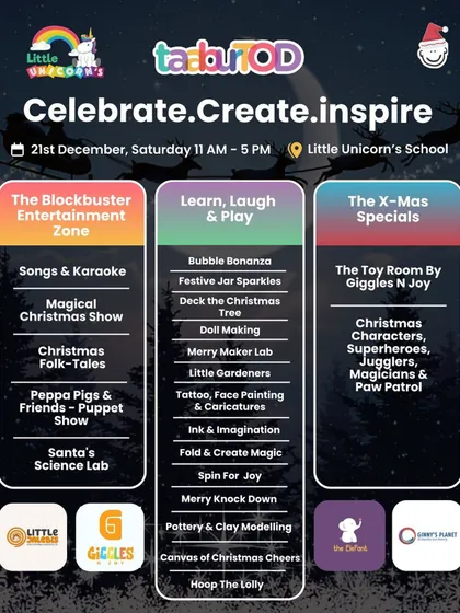 The complete activity lineup for the taaburTOD Christmas Fest at Little Unicorn's School. You can see the three main zones: Blockbuster Entertainment, Learn, Laugh & Play, and The X-Mas Specials.
