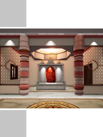 An interior render of the main hall of the Hanuman Mandir. The design uses color-banded pillars and a central floor medallion to create a vibrant and welcoming space for devotees.