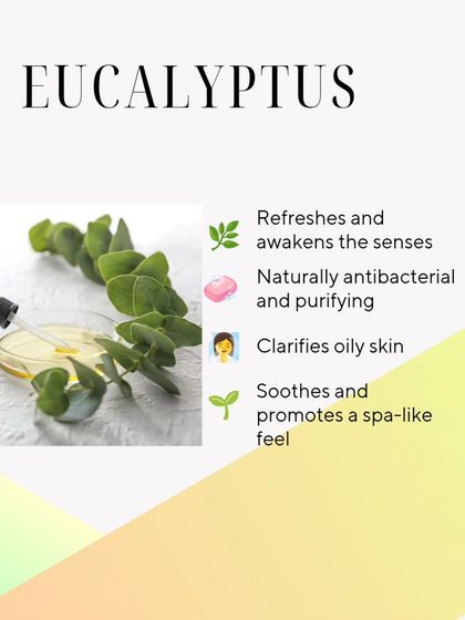 Eucalyptus essential oil is refreshing and purifying. It's naturally antibacterial, helps clarify oily skin, and provides a soothing, spa-like aroma.