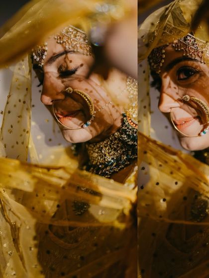 An artistic shot through the yellow veil, with shadows creating a beautiful pattern. Her makeup remains flawless and her smile is captivating.