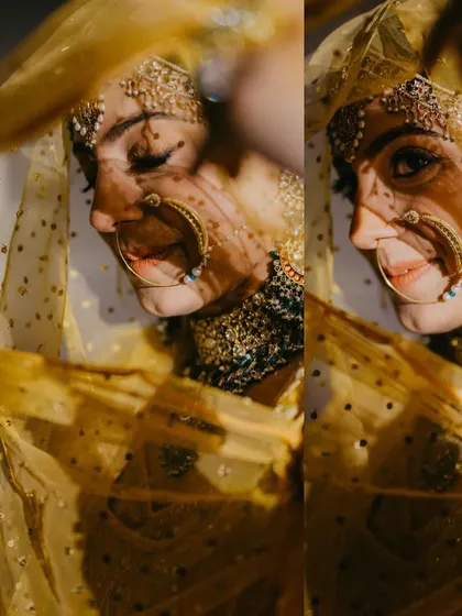 An artistic shot through the yellow veil, with shadows creating a beautiful pattern. Her makeup remains flawless and her smile is captivating.