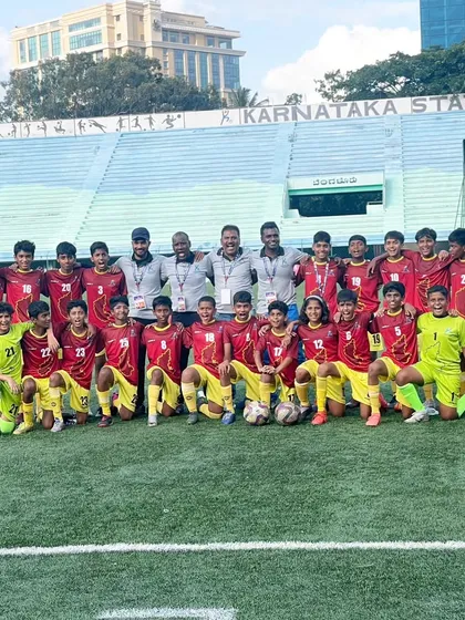 A group photo with the victorious Karnataka sub-junior football team. Being integrated with the team on the field allows me to provide consistent and effective sports medical support.