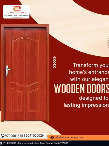 A classic wooden door with a traditional raised panel design and a rich red-brown finish. This timeless style is built for durability and provides an elegant, welcoming entrance to any home.