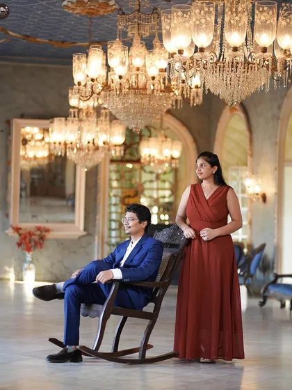 A posed portrait in the grand hall, showcasing the ornate details of the location. I help couples with posing that feels stately and natural within these magnificent spaces.