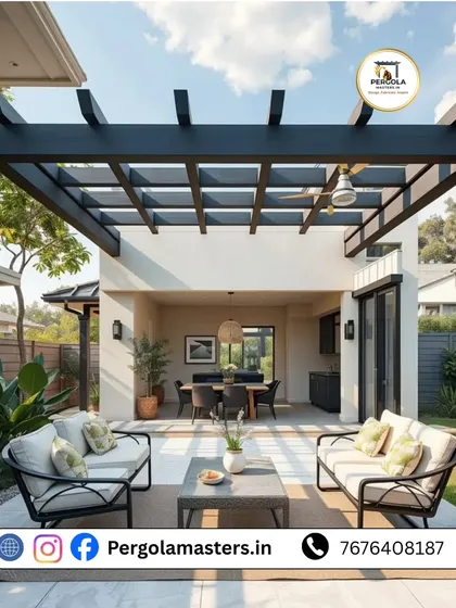 This rafter pergola seamlessly integrates with the home's architecture, extending the living space outwards. The addition of a ceiling fan ensures comfort even on warmer days, making it a truly functional outdoor room.