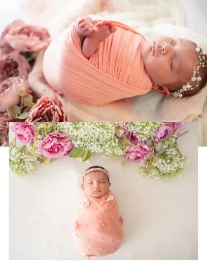 This collage shows two different poses from a newborn session, one close-up on the baby's face and another full-body shot, both with a soft pink floral theme.