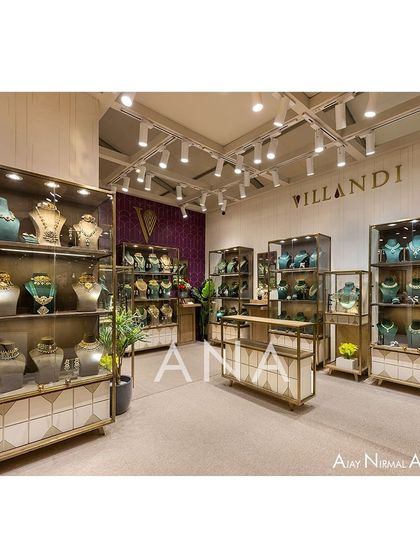 An overview of the Villandi '23 interior, showcasing the arrangement of custom-designed display cases. The layout provides ample room for circulation while creating an intimate browsing experience for clients.