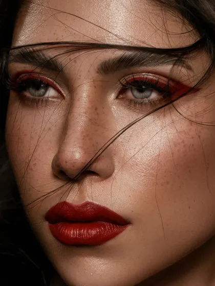 An exploration of texture and tone. This macro beauty shot highlights the sharp, graphic lines of the makeup against the soft, real texture of the skin, complete with natural freckles. It's a celebration of unapologetic, modern beauty.