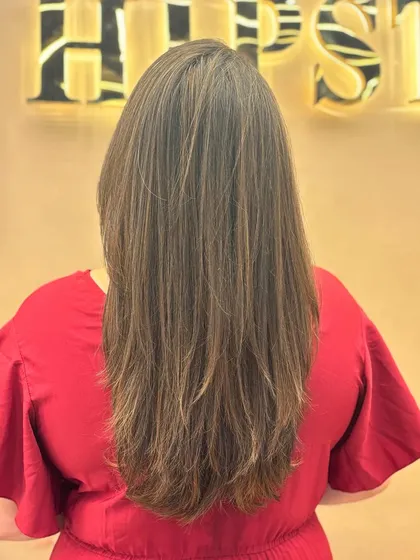 The back view of a long, layered haircut with a fresh color application. The straight styling shows off the precision of the cut and color.