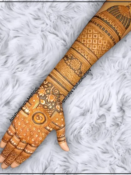 A single arm view of a full bridal design, showing the intricate bands and patterns that create a cohesive and stunning piece of art.