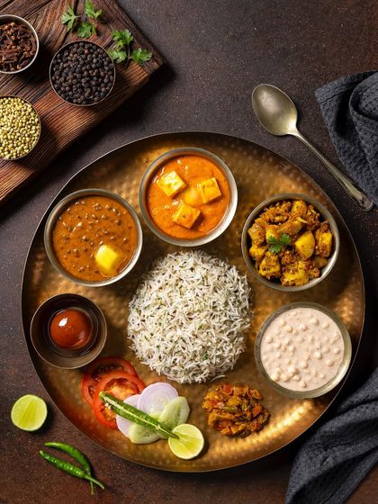 A complete North Indian vegetarian thali for Chhappan Bhog. This overhead shot is composed to display the variety of dishes, including paneer curry, dal makhani, and jeera rice, for menu and advertising use.