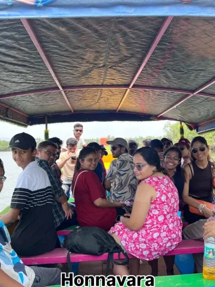 Enjoying a peaceful boat ride through the mangrove forests of Honnavara. This is a relaxing activity we include in our Gokarna and Murudeshwara trips.
