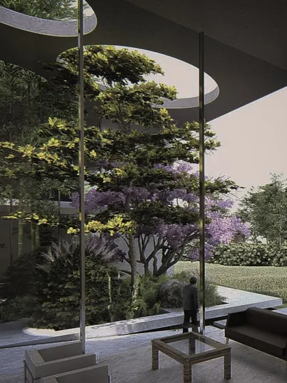 A conceptual view from inside Residence C in New Delhi. The design frames the garden as a living part of the home. Large glass walls and openings in the roof create 'islands of light' and dissolve the barriers between the interior living area and the lush courtyard, making nature an ever-present element of daily life.