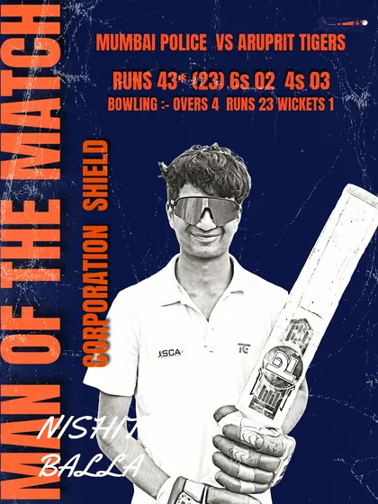 Here is Nishit Balla celebrated as "Man of the Match" for his all-round performance in the Corporation Shield. He scored a quick 43 runs and took a crucial wicket, showcasing the kind of versatile and impactful player I aim to develop.