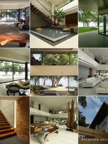 A collage showcasing our award-winning "Waterfront Home" project. This residence was designed to blur the lines between the interior and the stunning lakeside views, using expansive glass walls, natural materials, and an open, minimalist layout.
