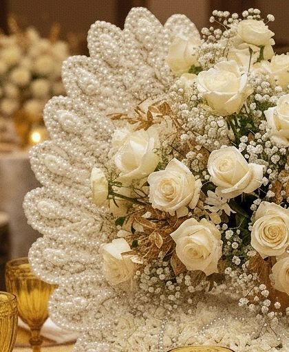 A close-up on the intricate pearl work of the peacock centerpiece, a detail that speaks to the high level of craftsmanship and bespoke design involved.