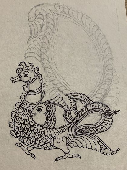 The first phase of a Kalamkari artwork: the initial ink drawing. This stage is crucial for establishing the composition and intricate details before any color is applied.